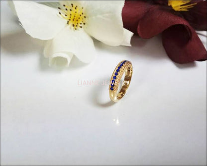 Sapphire Wedding band Half Eternity 17th Anniversary Micro pave 18K White or Yellow gold - Lianne Jewelry