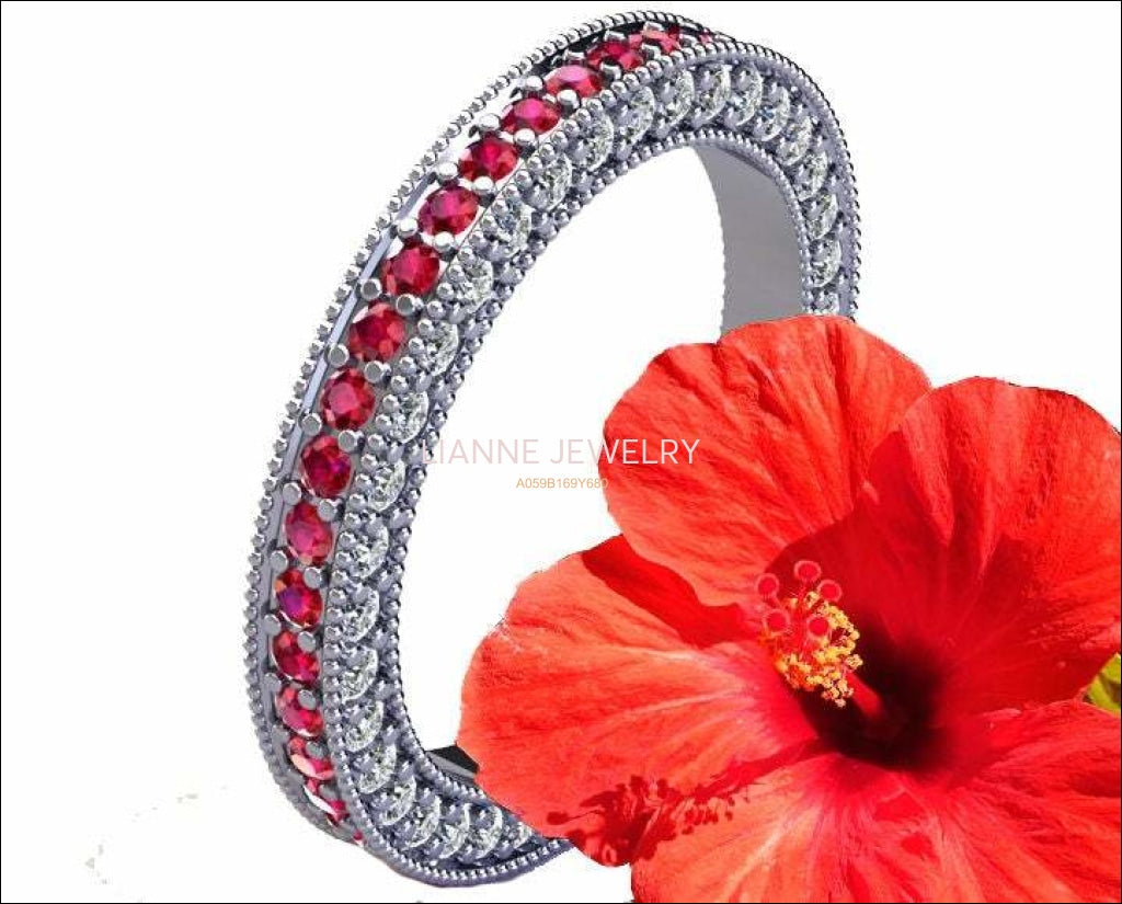 18K White Gold Milgrain Wedding Band  115 stones Gold Ring Ruby & Diamond Ring Eternity Ring Anniversary Ring Ruby Ring Anniversary Gift - Lianne Jewelry