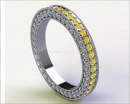 milgrain wedding band Gold ring Yellow Sapphire & Diamond ring Eternity Ring anniversary ring Anniversary Gift 115 stones - Lianne Jewelry