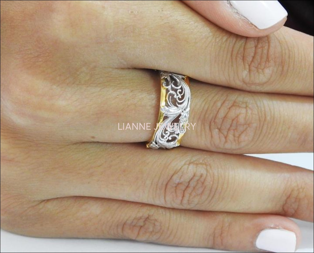 2 Tone Silver Flower Band Engraved Flower Ring Milgrain Silver Band Filigree Wedding Band Engraved Wedding Band Silver Leaf Ring - Lianne Jewelry