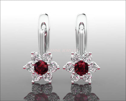 Red Earrings Flower LeverBack Earrings Gold Earrings Art Nouveau Ruby Earrings Diamond Earrings Flower Earrings in 14K or 18K White gold - Lianne Jewelry