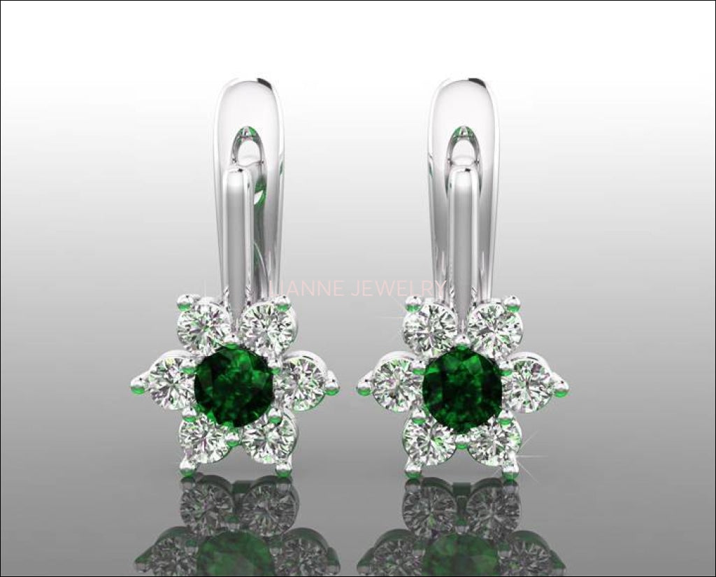 Emerald and Diamond Lever back Hoop Earrings White Gold Earrings Solid Gold Anniversary Earrings - Lianne Jewelry