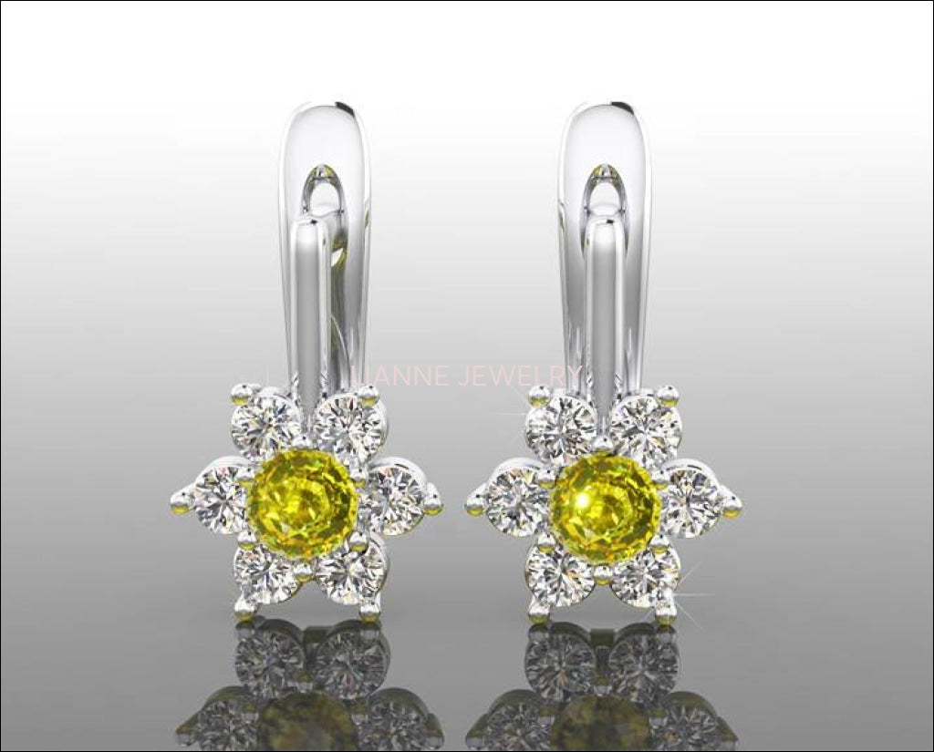 Yellow Flower Diamond Earrings LeverBack Engagement Sunflower Earrings in 14K or 18K White gold - Lianne Jewelry