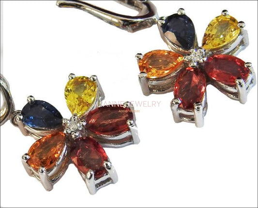 Colorful Dangle Lever-back Earrings Flower 10 Multi color Natural Sapphires Yellow Orange Red-Pink and Blue - Lianne Jewelry