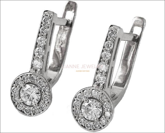 Lever Back Earrings Halo Earrings Diamond Hoop Earrings Wedding Earrings Diamond Floral Earrings 14K or 18K White Gold - Lianne Jewelry