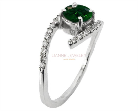 Solitaire Emerald Twist Ring, Curved Shank Unique Engagement Ring, Celtic Ring 14K White Gold - Lianne Jewelry