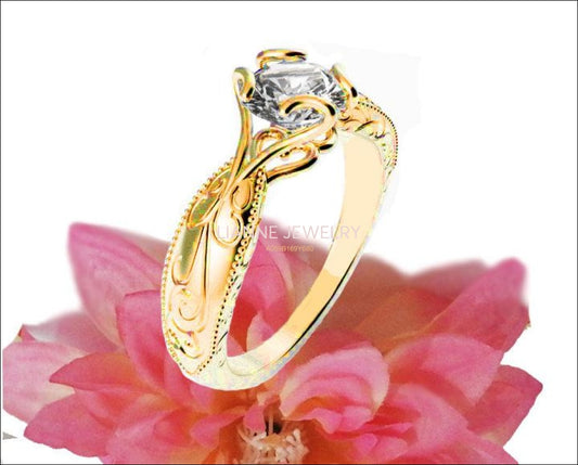 Gold ring Solitaire Ring Unique Claw Design Engraved Engagement Ring 14K or 18K Yellow Gold - Lianne Jewelry