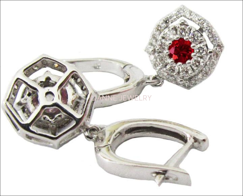 Halo Cluster Earrings Diamond & Ruby Dainty Vintage Square Earrings, White gold - Lianne Jewelry