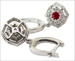Halo Cluster Earrings Diamond & Ruby Dainty Vintage Square Earrings, White gold - Lianne Jewelry