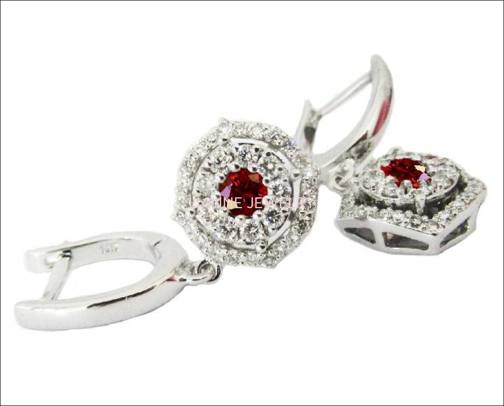 Halo Cluster Earrings Diamond & Ruby Dainty Vintage Square Earrings, White gold - Lianne Jewelry