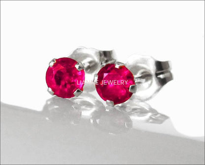 Ruby Stud Earrings 4mm in 14K Yellow or White Gold Earrings Wedding Jewelry Anniversary Gift - Lianne Jewelry