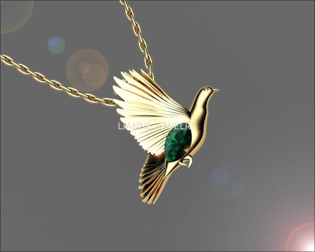 Bird Pendant Peace Pendant Gold Green Marquise Peace Dove Emerald Pendant - Lianne Jewelry