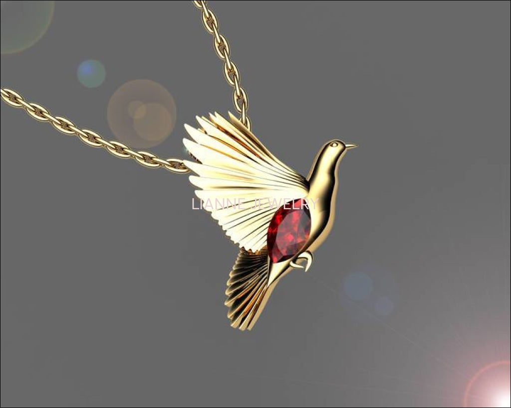 Bird Pendant, Gold Dove Pendant with Ruby Marquise, Wings Pendant, Peace Pendant, Anniversary Gift - Lianne Jewelry