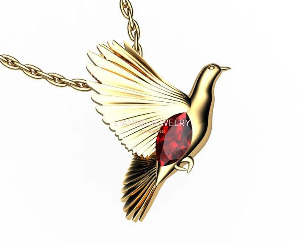 Bird Pendant, Gold Dove Pendant with Ruby Marquise, Wings Pendant, Peace Pendant, Anniversary Gift - Lianne Jewelry