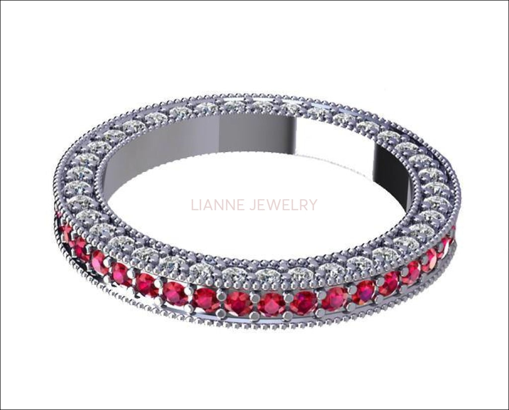 18K White Gold Milgrain Wedding Band  115 stones Gold Ring Ruby & Diamond Ring Eternity Ring Anniversary Ring Ruby Ring Anniversary Gift - Lianne Jewelry