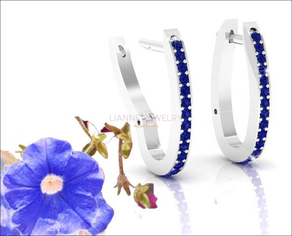 Blue Sapphire Hoop Earrings 18K White Gold Row of Blue Sapphires - Lianne Jewelry