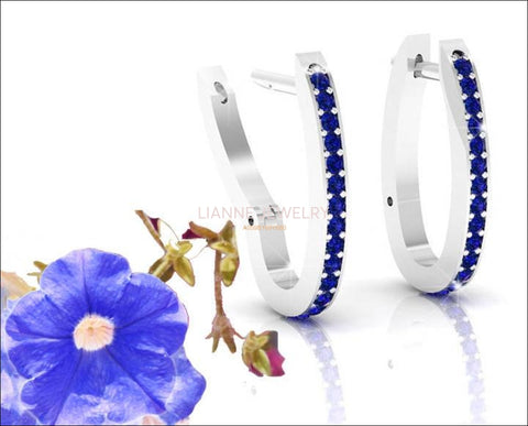 Blue Sapphire Hoop Earrings 18K White Gold Row of Blue Sapphires - Lianne Jewelry
