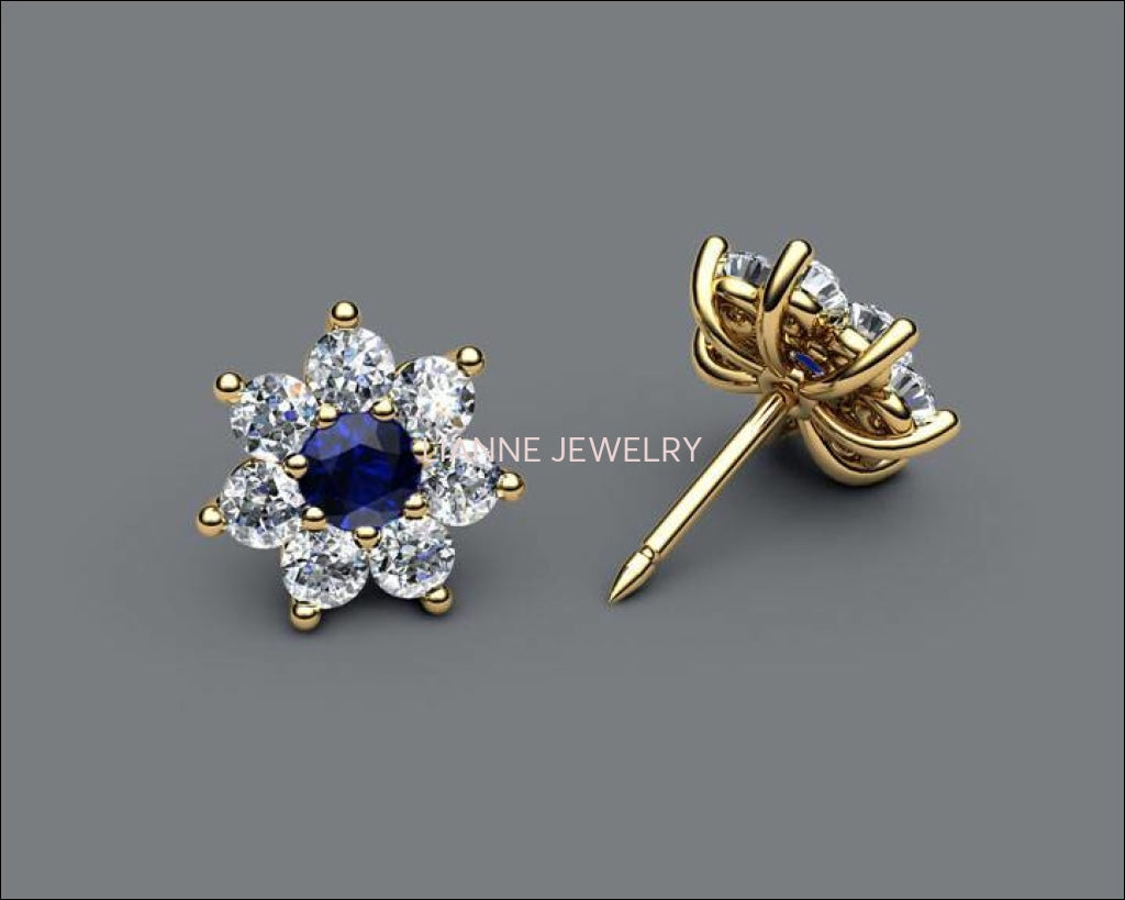 Sapphire and Diamond Flower Earrings in Solid Gold 14K Blue Stud Earring Stud Earrings, Sunflower Earrings - Lianne Jewelry