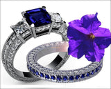 14K Gold Ring Set Bridal set Diamonds and Sapphires 3-stone Ring set 4.30 carat Diamonds Sapphire Princess cut Classic 3-stone Diamond Ring - Lianne Jewelry