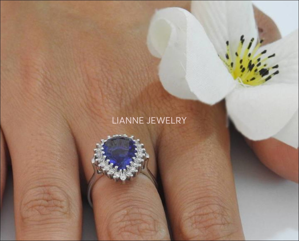 14K Tanzanite Engagement Ring, Pear shape Purple Gemstone surrounded with Diamonds - Lianne Jewelry