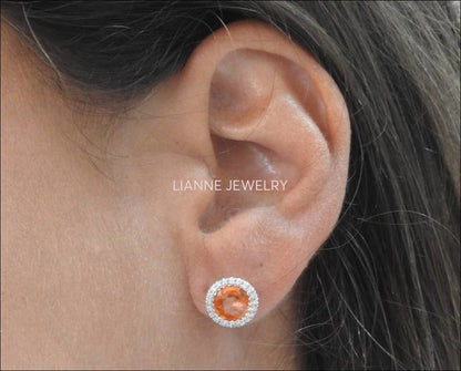 Vintage Orange Earrings Stud Earrings Circle Earrings Pave Diamonds Earrings Halo Earrings Art Deco Earrings Sapphires 14K white gold - Lianne Jewelry