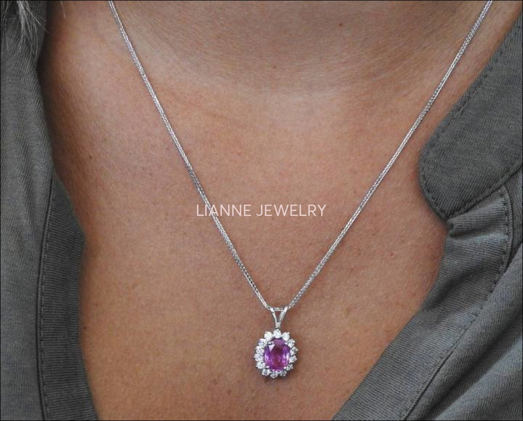 Pendant Sapphire Necklace cluster Pendant Pink Sapphire 14K White gold  Minimalist pendant - Lianne Jewelry