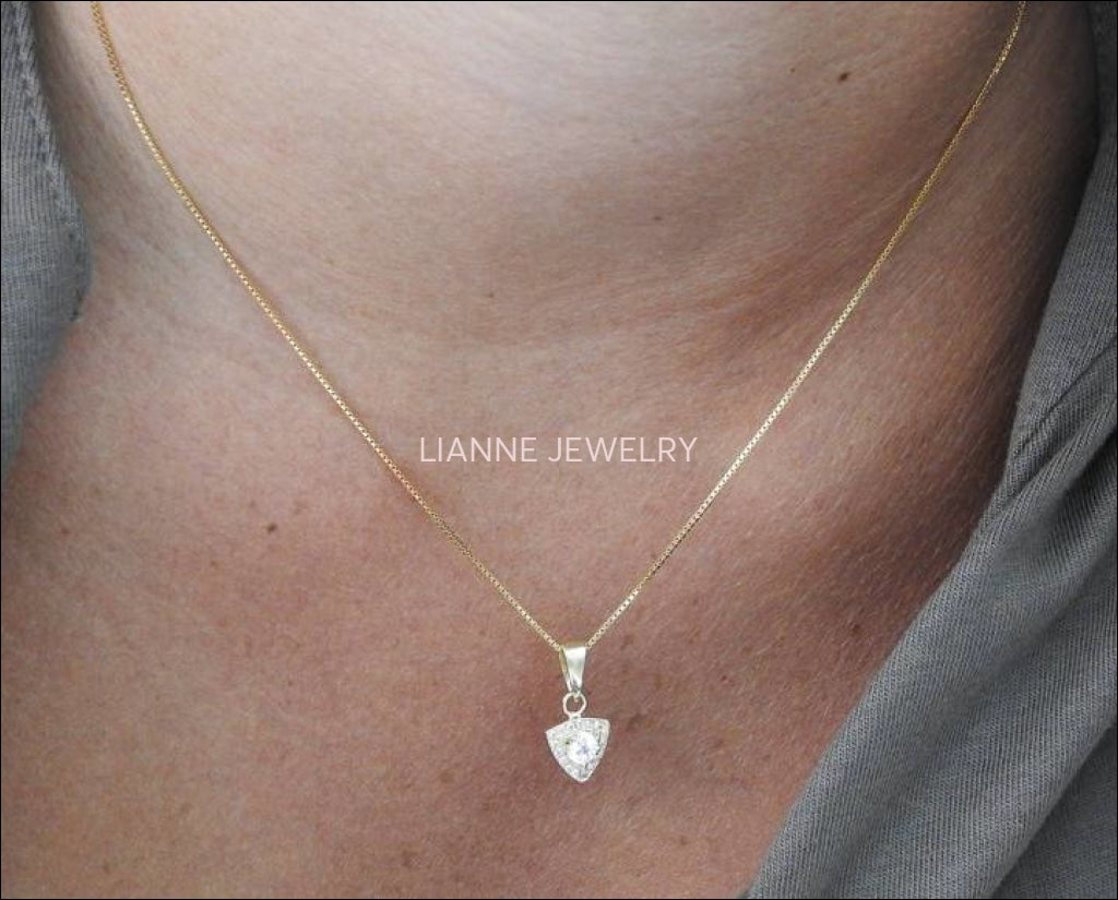 SALE 50% Off 14K Triangle Pendant SALE Diamonds surrounding White Sapphire - Lianne Jewelry