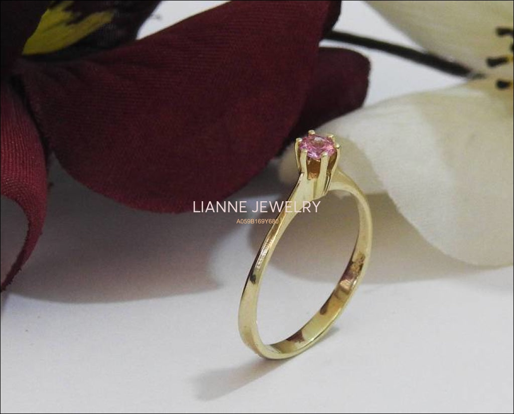 Girlfriend gift Gold ring Boho ring Minimalist ring Solitaire Ring Pink Sapphire Ring  Thin Ring 14K Yellow gold September Birthstone - Lianne Jewelry