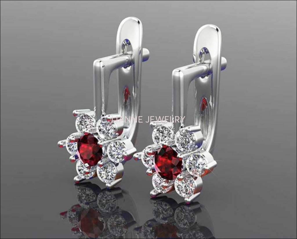 Red Earrings Flower LeverBack Earrings Gold Earrings Art Nouveau Ruby Earrings Diamond Earrings Flower Earrings in 14K or 18K White gold - Lianne Jewelry