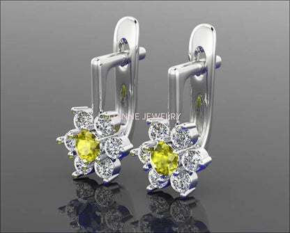 Yellow Flower Diamond Earrings LeverBack Engagement Sunflower Earrings in 14K or 18K White gold - Lianne Jewelry