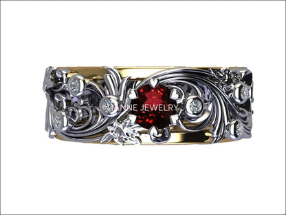 Ruby Leaves Band Silver 2 tone Wedding Band with Diamonds Filigree Flower Band - Lianne Jewelry