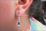 Lever back Vintage Earrings Oval Sapphire surrounded Diamonds Birthday Gift Woman Earrings Edwardian Earrings Drop earrings 14K White Gold - Lianne Jewelry