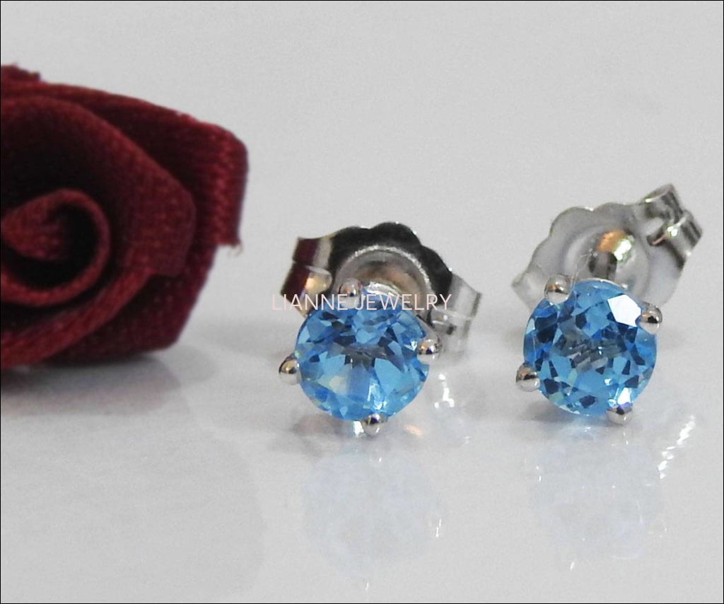 Sky Blue Studs Gold Earrings Topaz Stud Earrings 4 mm Studs Gemstone Earrings 14K White Gold Earrings Wedding Jewelry Anniversary Gift - Lianne Jewelry