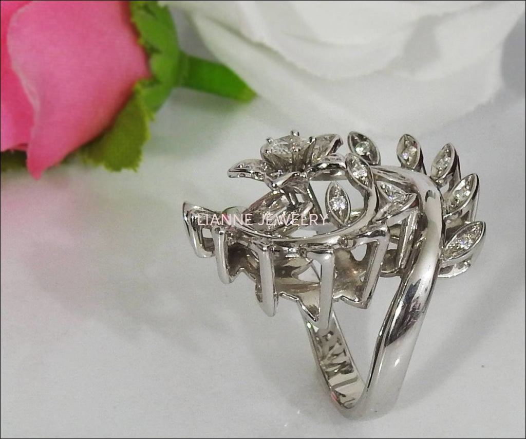 18K Leaves Diamond Ring Cluster Ring Delicate leaf wedding Bridal Promise Anniversary Gift for women - Lianne Jewelry