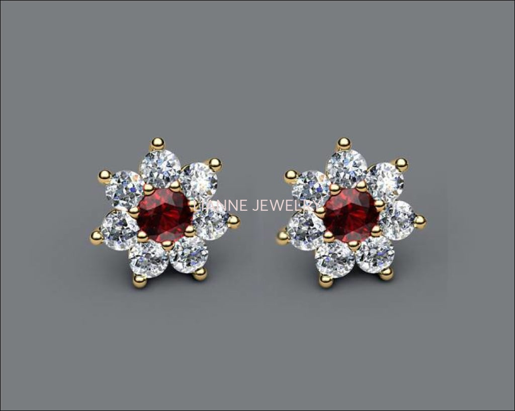 Botanical Floral earrings Ruby Earrings Flower Earrings Cluster Earrings 14 or 18K Yellow Rose White gold - Lianne Jewelry