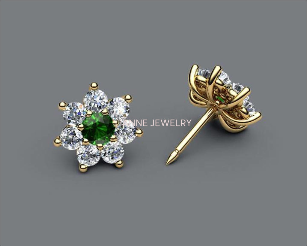 Emerald Flower Diamond Earrings, 14K Solid Gold Green Chatham Emeralds surrounded with Natural Top Diamonds - Lianne Jewelry