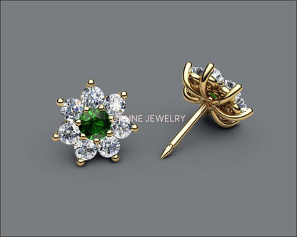 Emerald Flower Diamond Earrings, 14K Solid Gold Green Chatham Emeralds surrounded with Natural Top Diamonds - Lianne Jewelry