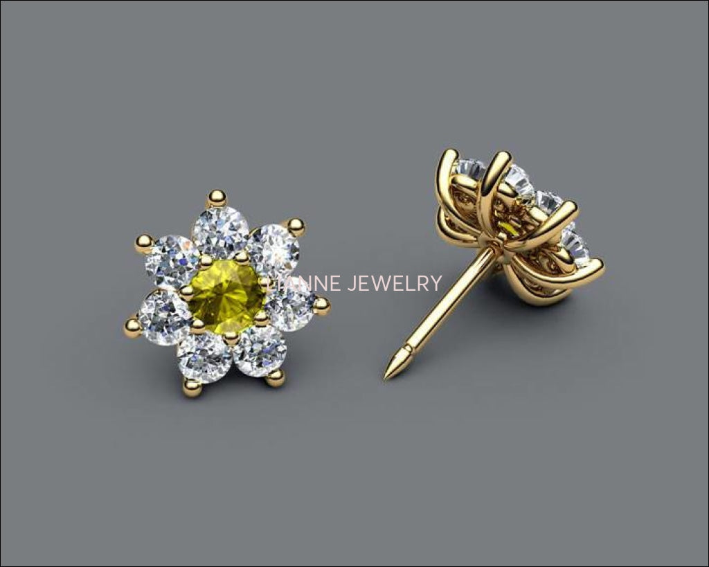 Botanical Earrings Yellow Stud Earrings Earrings Yellow Sapphire studs Flower Earrings Cluster Earrings 14 or 18K Yellow Rose or White gold - Lianne Jewelry