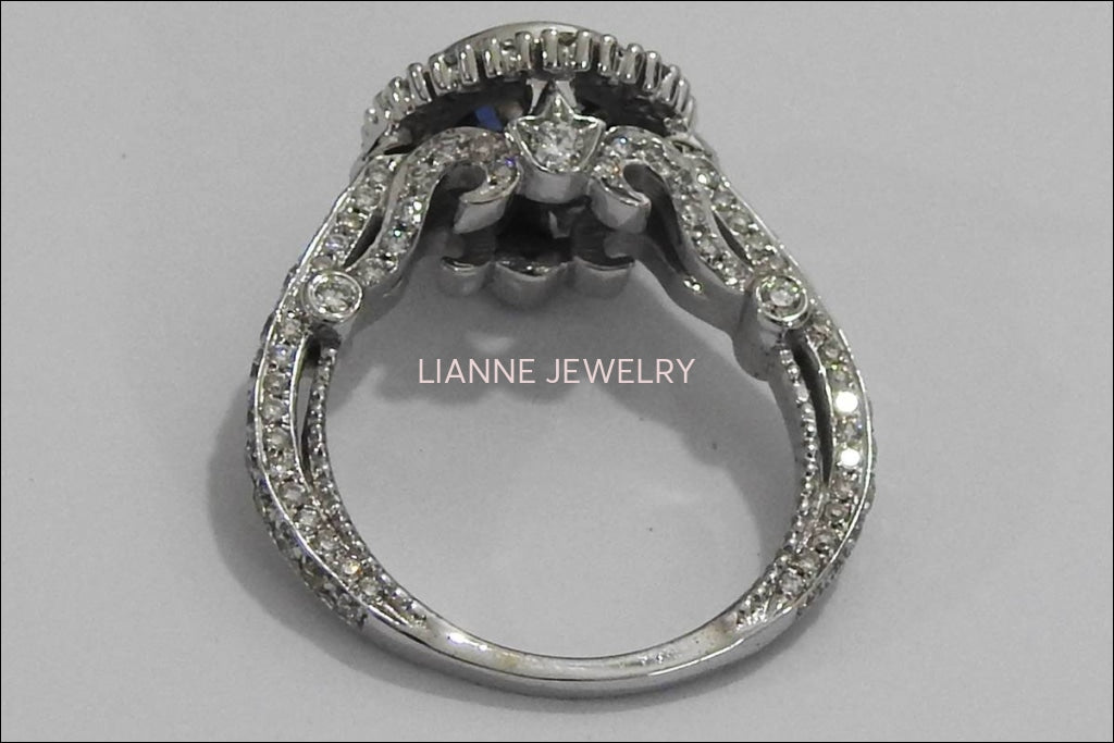 Vintage Edwardian Sapphire ring Sapphire ring Unique engagement ring Solid Gold with side stones in 14K White gold - Lianne Jewelry