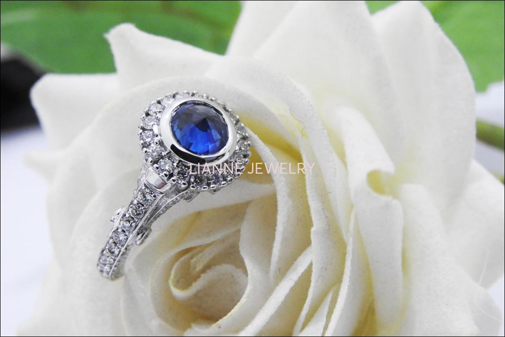 Vintage Edwardian Sapphire ring Sapphire ring Unique engagement ring Solid Gold with side stones in 14K White gold - Lianne Jewelry