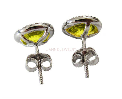 Vintage Stud Earrings Yellow Earrings Round Earrings Gift Earrings  Halo Earrings 14K white gold Vivid Yellow Sapphires Pave Diamonds - Lianne Jewelry