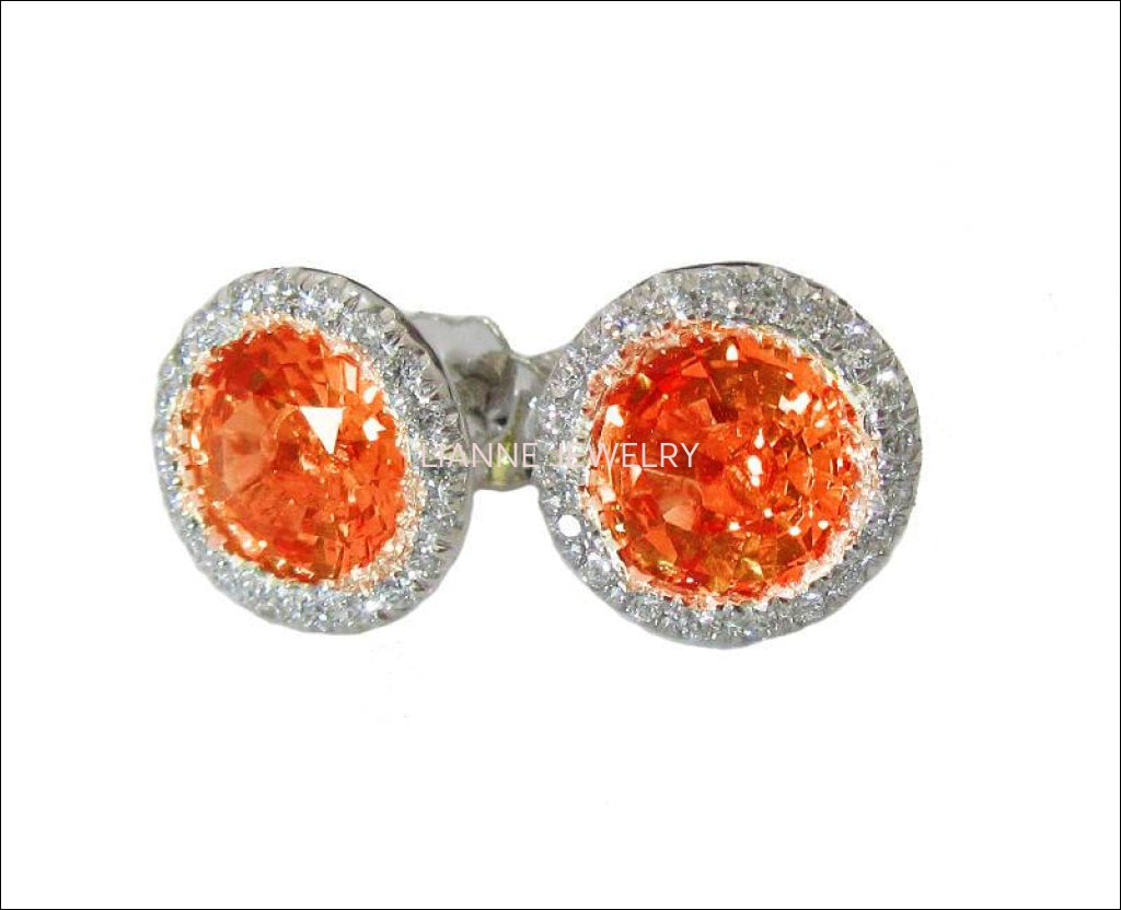 Halo ring 14K white gold Vivid Orange CZ Diamond Earrings surrounded by F VS Diamonds - Lianne Jewelry