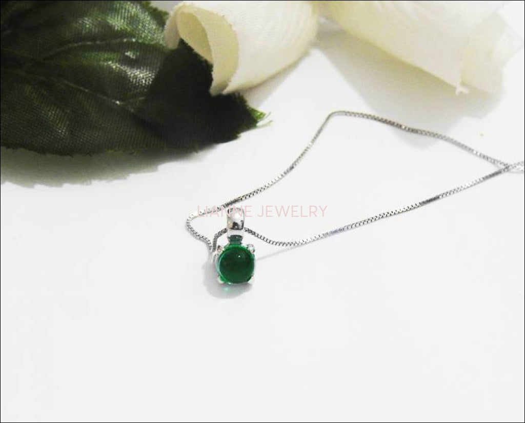 50% Off Green Agate Pendant Birthday gift 5mm Cabouchon, 14K gold - Lianne Jewelry