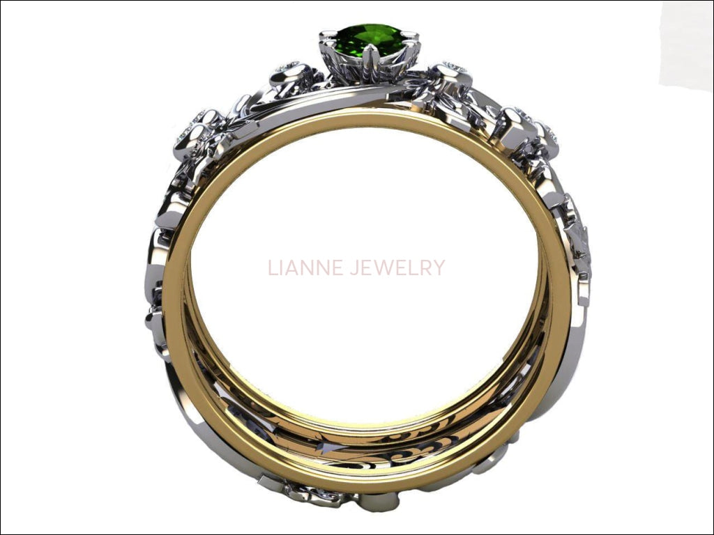 Emerald Ring Flower band Leaf Ring Wedding Band White Gold Leaf Wedding Band Engraved Band Ring Green Wedding Band Flower Wedding Band - Lianne Jewelry