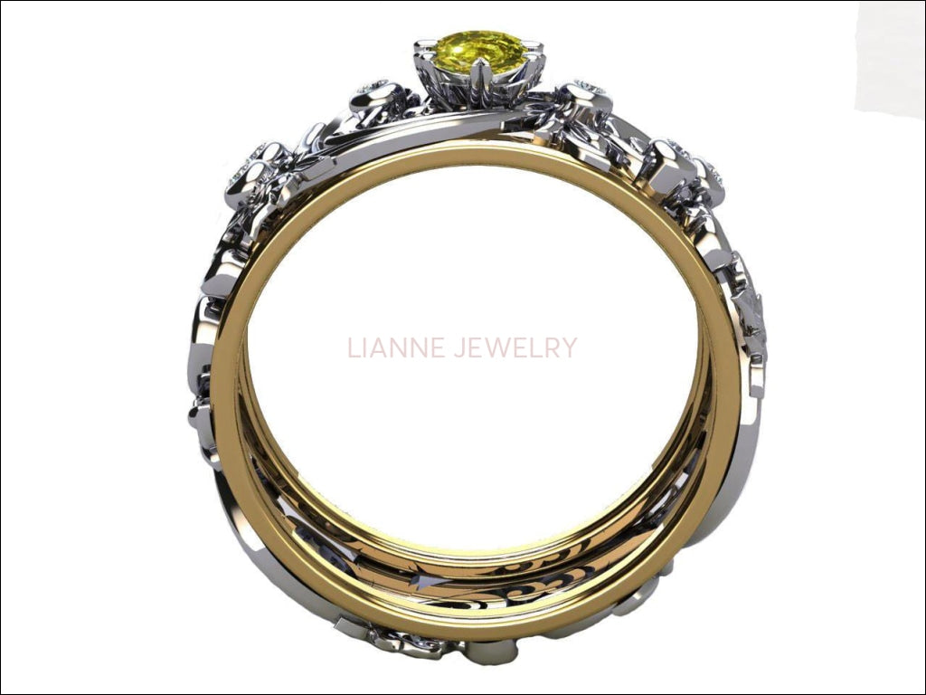 Yellow Sapphire Wedding Flower Band 18K Gold Leaves with Accent Diamonds Floral Band Jewelry - Lianne Jewelry