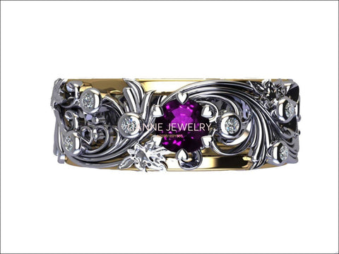 2-tone 18K Leaves Band Amethyst and Diamond Flower Ring, Leaf Band, Purple Wedding Band Amethyst Ring Diamond Ring Milgrain Ring Art Nouveau - Lianne Jewelry