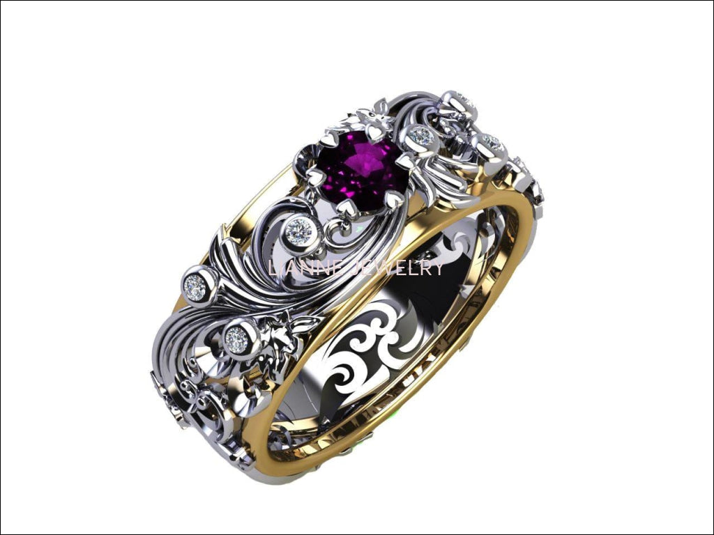 Filigree Purple Wedding Band Amethyst Ring Diamond Ring Milgrain Ring Art Nouveau unique Ring Engraved Ring Flower Band Leaf - Lianne Jewelry