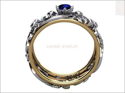 Gold ring Edwardian Sapphire ring Sapphire Ring Diamond Ring Milgrain Ring Art Nouveau unique Ring Engraved Ring Flower Band Leaves - Lianne Jewelry