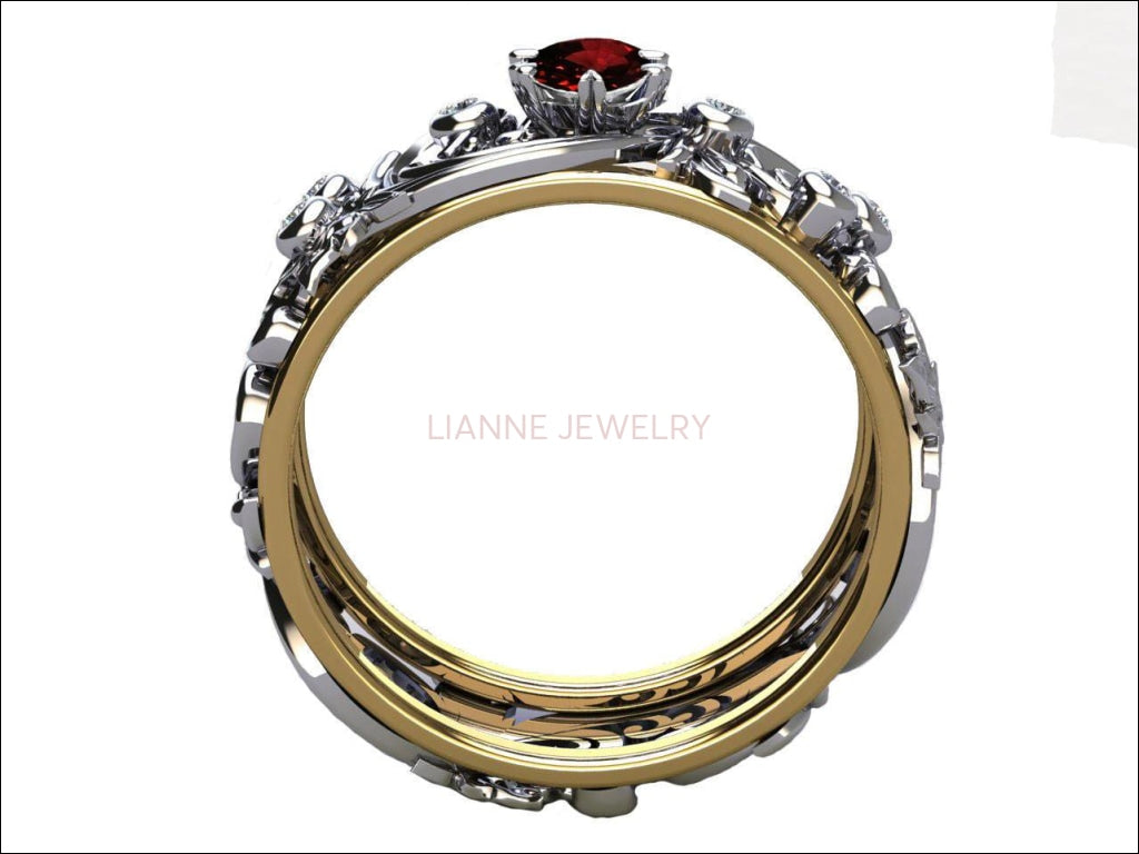 2 Tone 18K Ruby Leaves Band Wedding Band with Diamonds Filigree Floral Ring Jewelry - Lianne Jewelry