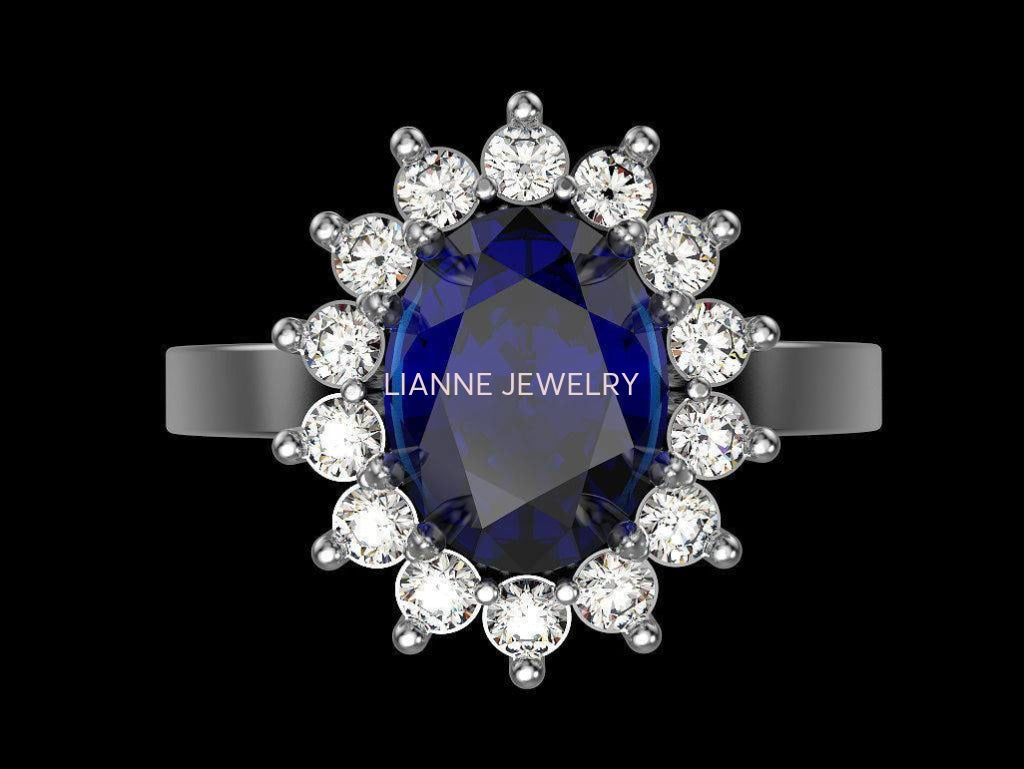 Sapphire Engagement Ring, Diana Ring, Diamonds surround Oval Blue Sapphire, Vintage style Ring - Lianne Jewelry